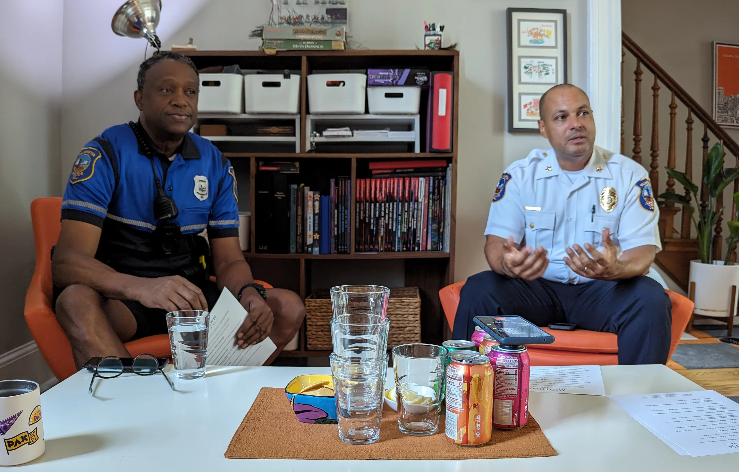 Wilmington (Delaware) Police Department Chief Wilfredo Campos and Master Corporal Anthony Easterling sitting for an interview with Midtown Brandywine News, focusing on community policing and engagement, in August 2023